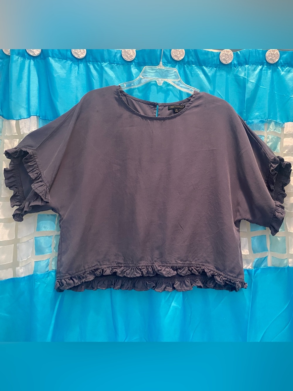 For Cynthia Navy Ruffle Trim Boxy Short Sleeve Top